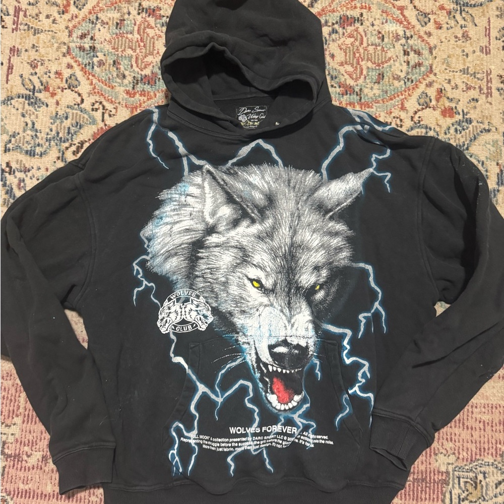 Darc Sport Wolves Club Full Moon Lightning Graphic Pullover Hoodie Mens large